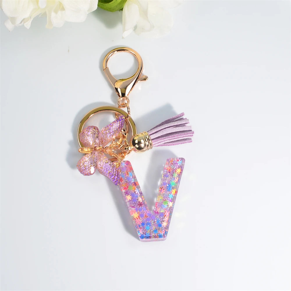 Porte Clés Personnalisé à Paillettes avec Charme Papillon et Gland – Accessoire Coloré pour Clés et Sacs