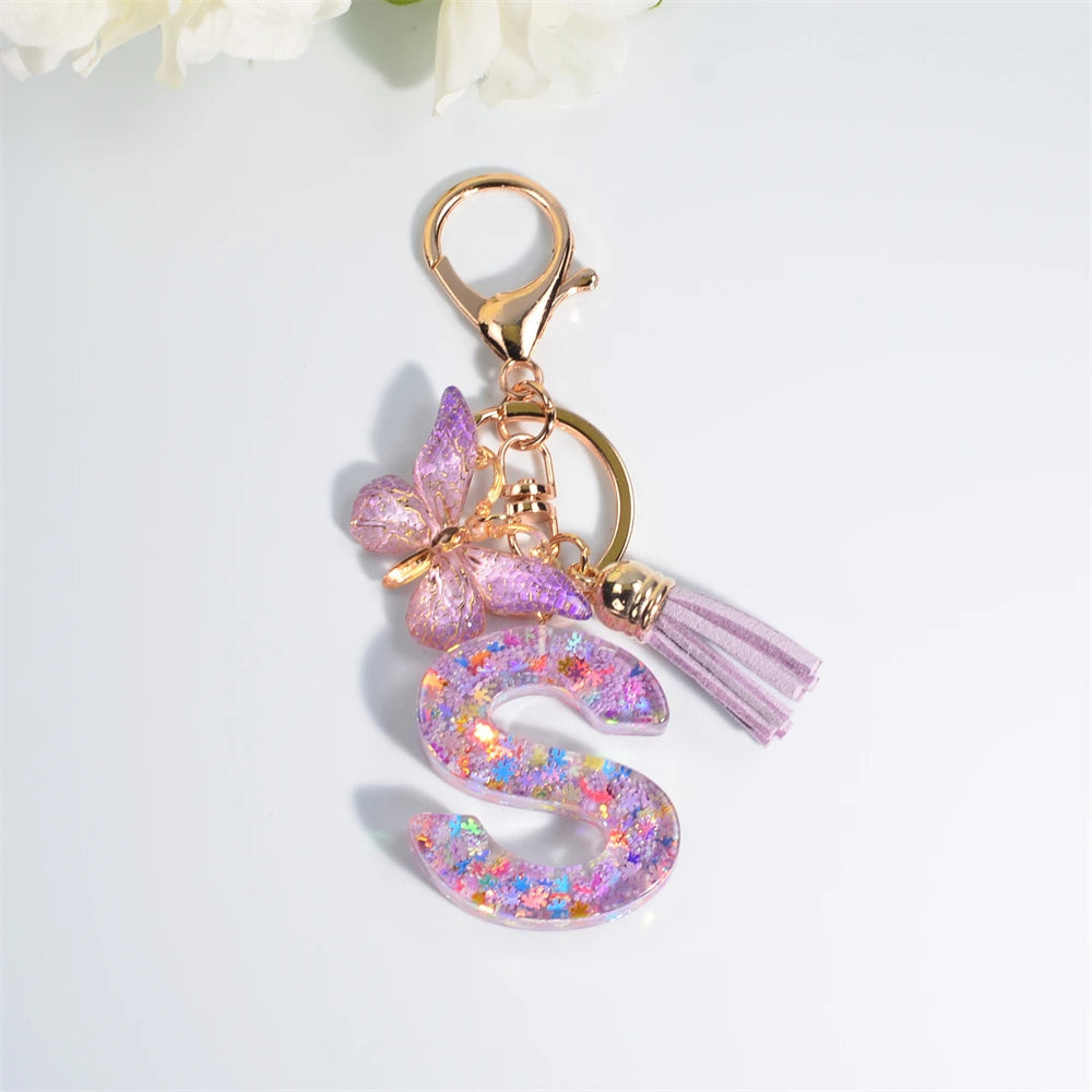 Porte Clés Personnalisé à Paillettes avec Charme Papillon et Gland – Accessoire Coloré pour Clés et Sacs