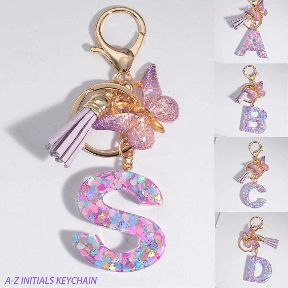 Porte Clés Personnalisé à Paillettes avec Charme Papillon et Gland – Accessoire Coloré pour Clés et Sacs