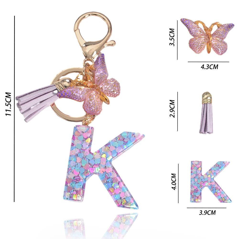 Porte Clés Personnalisé à Paillettes avec Charme Papillon et Gland – Accessoire Coloré pour Clés et Sacs