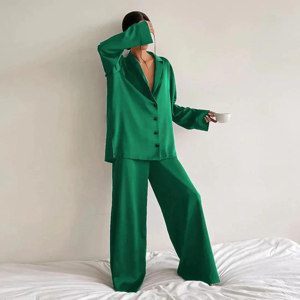 Ensemble Lounge en Satin pour Femme – Chemise Ample et Pantalon Large Confortable et Élégant