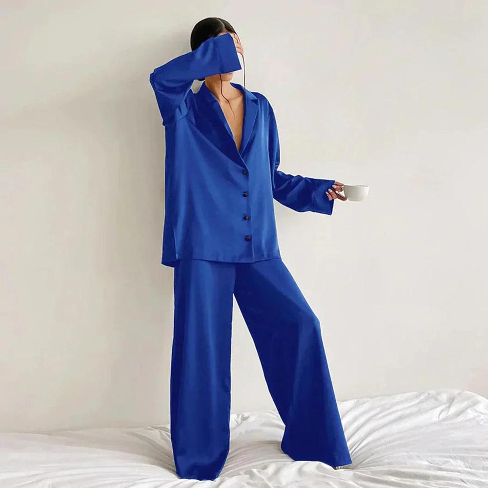 Ensemble Lounge en Satin pour Femme – Chemise Ample et Pantalon Large Confortable et Élégant