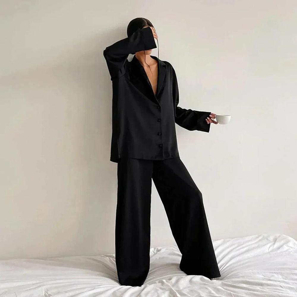 Ensemble Lounge en Satin pour Femme – Chemise Ample et Pantalon Large Confortable et Élégant