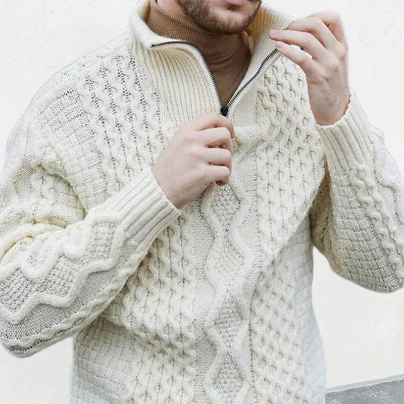 Pull Demi-Zippé pour Hommes en Laine Mélangée avec Col Montant et Poignets Côtelés