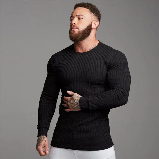 Pull Homme Ajusté en Coton Côtelé - Col Rond Classique pour Temps Froid