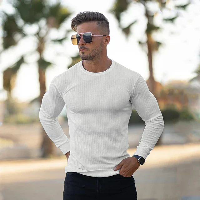 Men's Fitted Ribbed Cotton Sweater - Classic Round Neck for Cold Weather