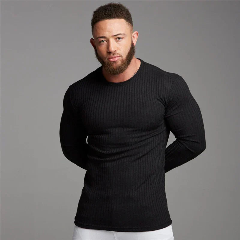 Pull Homme Ajusté en Coton Côtelé - Col Rond Classique pour Temps Froid