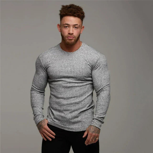 Pull Homme Ajusté en Coton Côtelé - Col Rond Classique pour Temps Froid
