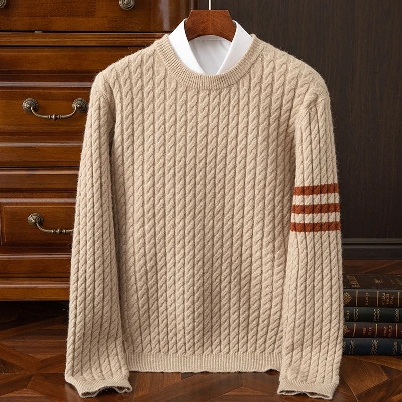 Pull Homme Torsadé en Mélange de Laine, Col Rond, Parfait pour l'Automne et l'Hiver, Détails Côtelés et Sportifs