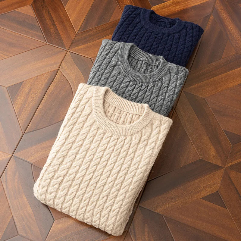 Pull Homme Torsadé en Mélange de Laine, Col Rond, Parfait pour l'Automne et l'Hiver, Détails Côtelés et Sportifs