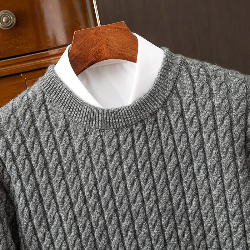 Pull Homme Torsadé en Mélange de Laine, Col Rond, Parfait pour l'Automne et l'Hiver, Détails Côtelés et Sportifs