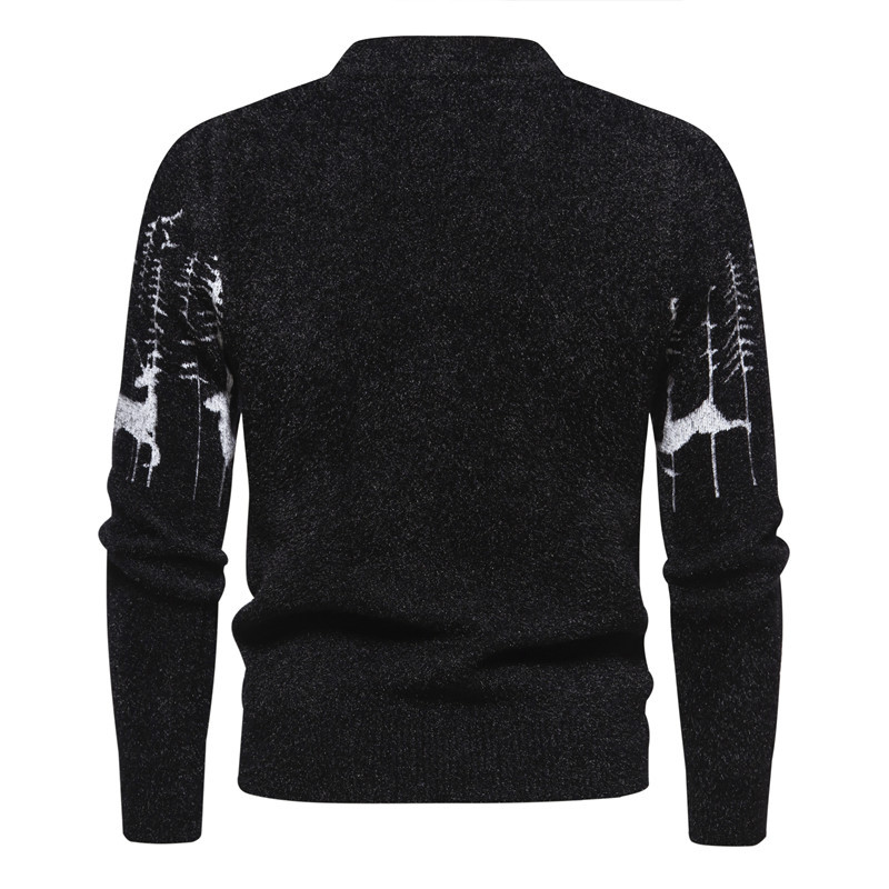 Pull Homme en Coton Jacquard avec Motif de Renne - Col Rond Chaud et Confortable