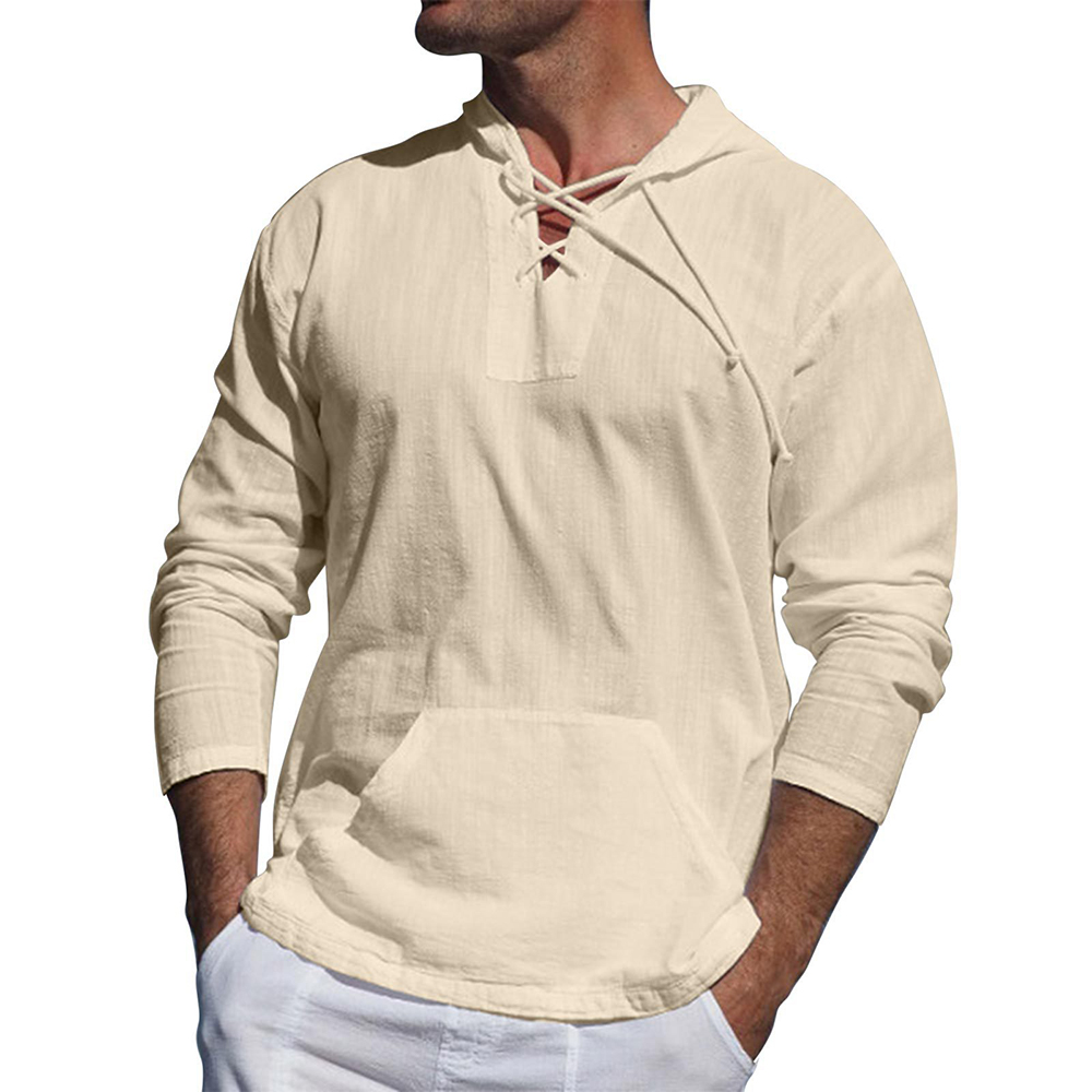 Lightweight Men's V-Neck Lace-Up Sweater with Hood - Casual Style and Optimal Comfort