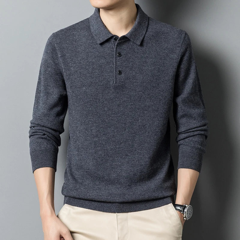 Pull Polo Classique pour Hommes en Laine Mélangée - Manches Longues, Confort Optimal