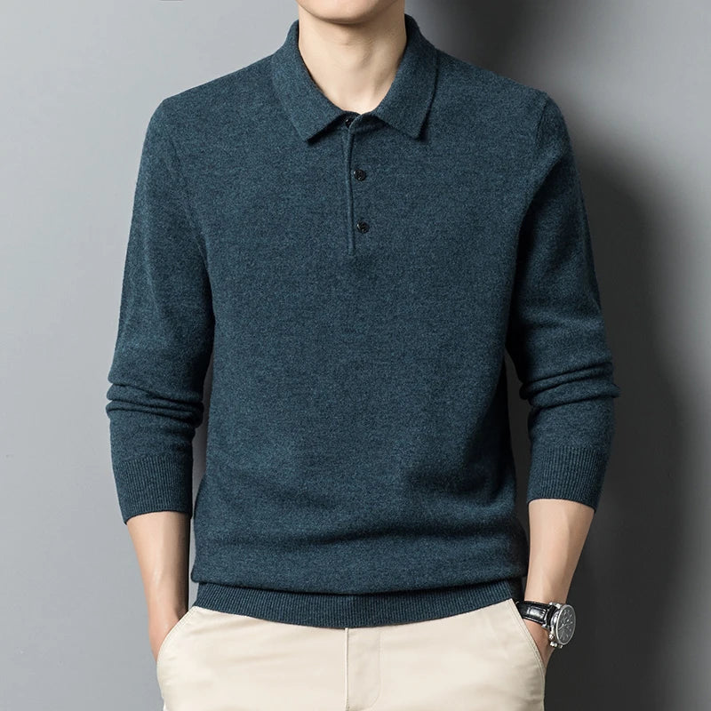 Pull Polo Classique pour Hommes en Laine Mélangée - Manches Longues, Confort Optimal