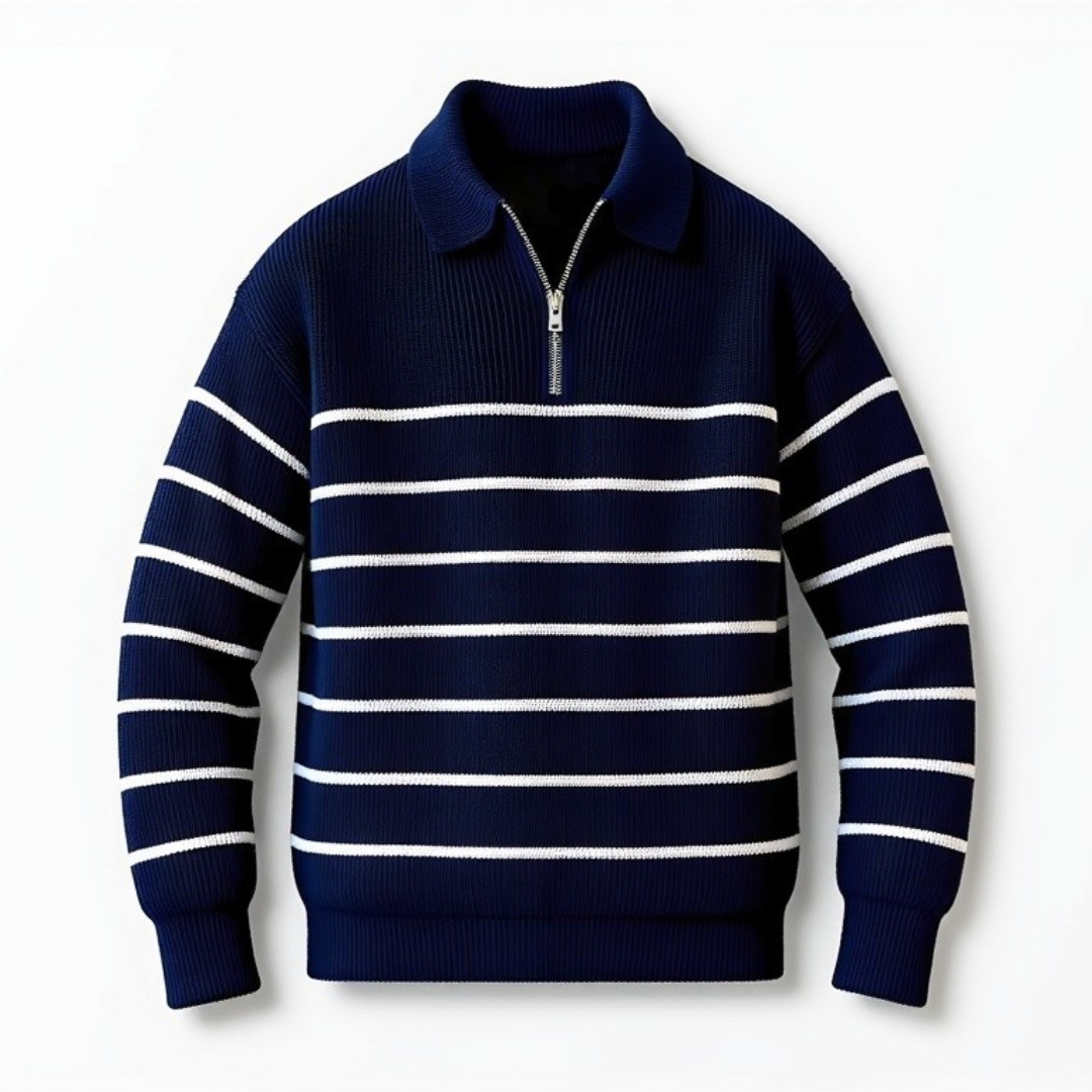 Striped Men's Cotton Sweater with Zipped Collar – Nautical and Comfortable Style