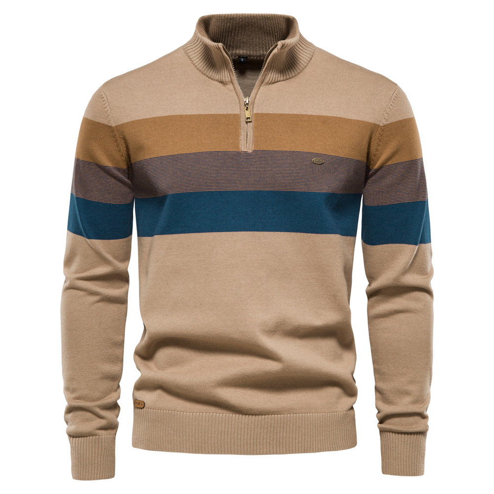 Pull Zippé Classique en Coton Rayé pour Hommes – Confort et Élégance