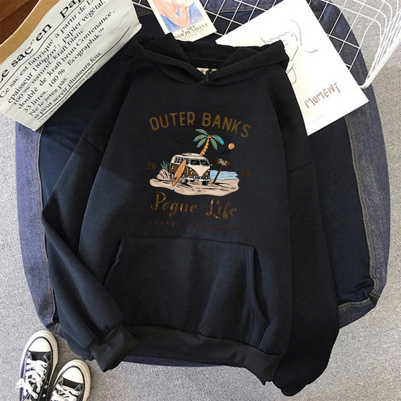 Pull à Capuche Unisexe Surdimensionné en Polyester avec Graphique Vintage de Surf et Poche Kangourou – Confortable et Stylé 0