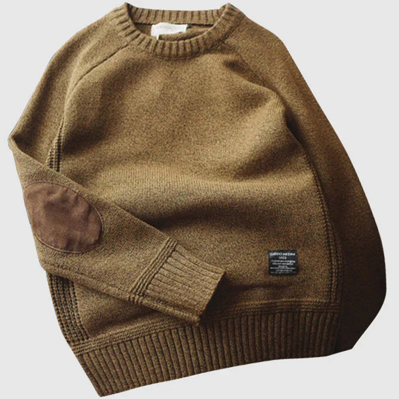 Pull à Col Rond pour Hommes en Laine Mélangée avec Coudières en Cuir – Confort et Style