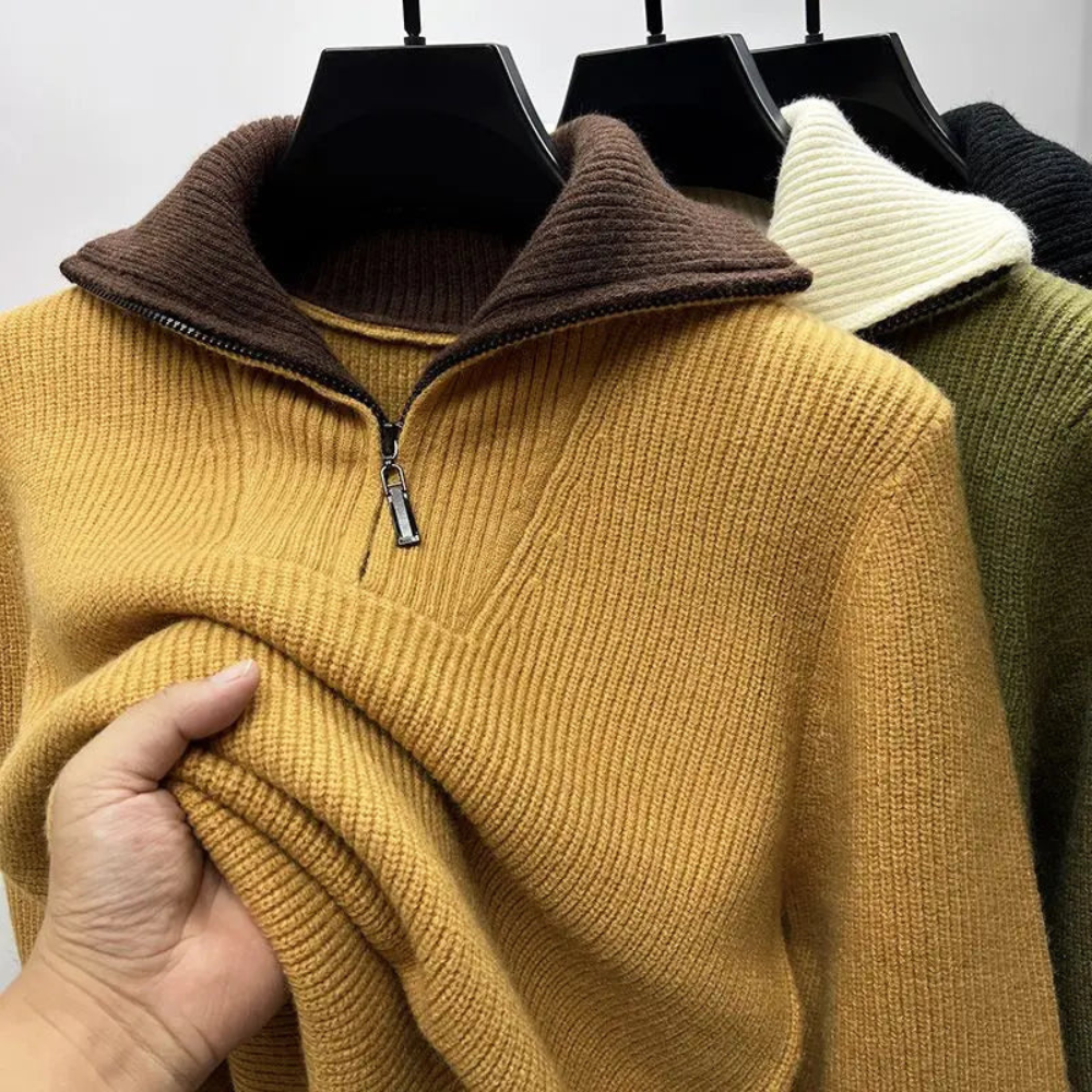 Pull à demi-fermeture éclair pour hommes - Col montant en tricot décontracté