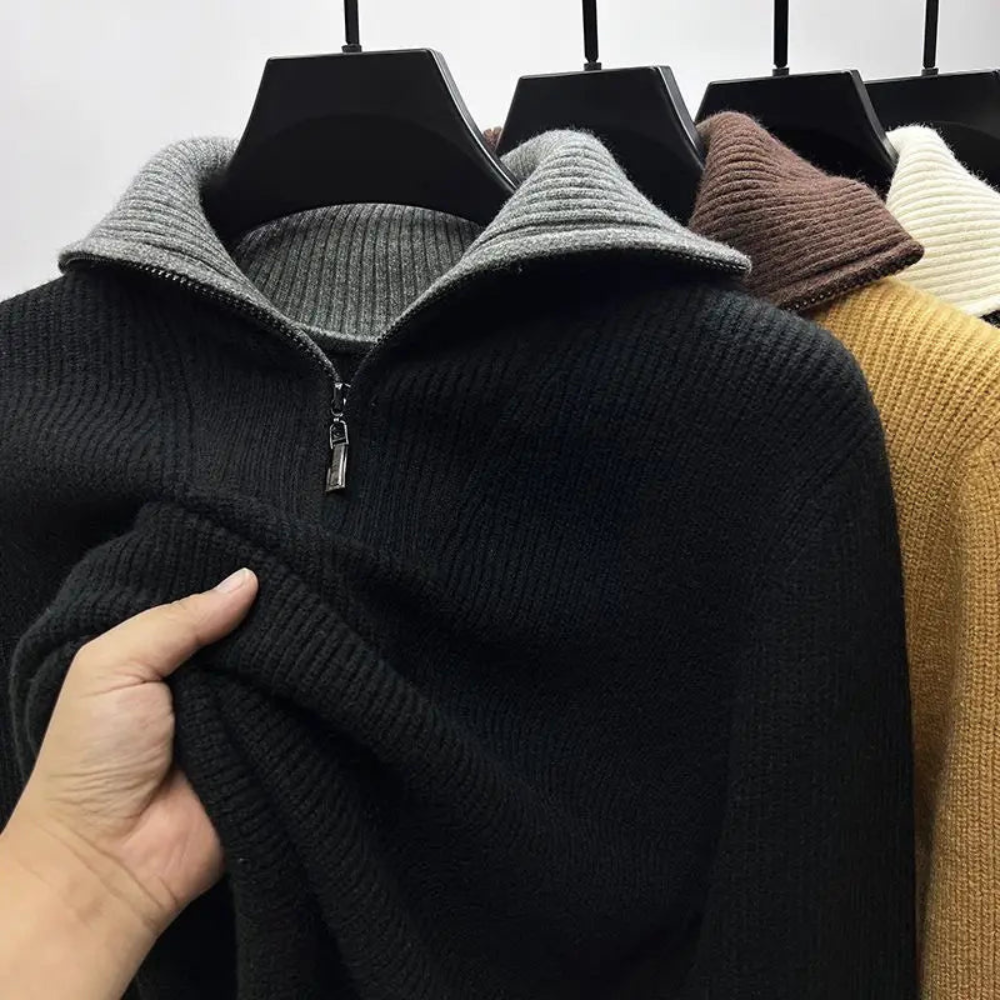 Pull à demi-fermeture éclair pour hommes - Col montant en tricot décontracté