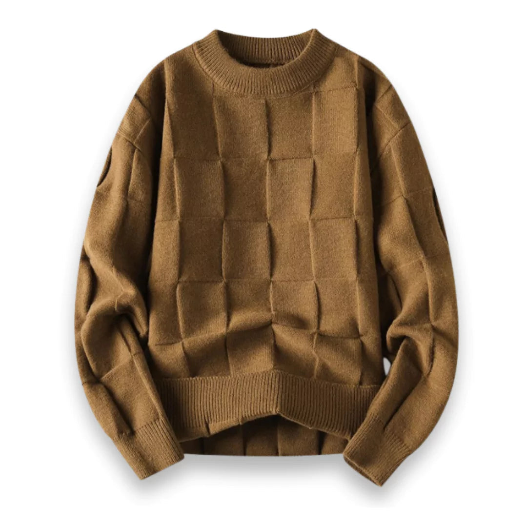 Pull en Coton pour Hommes - Col Rond, Coupe Décontractée, Tricot en Damier