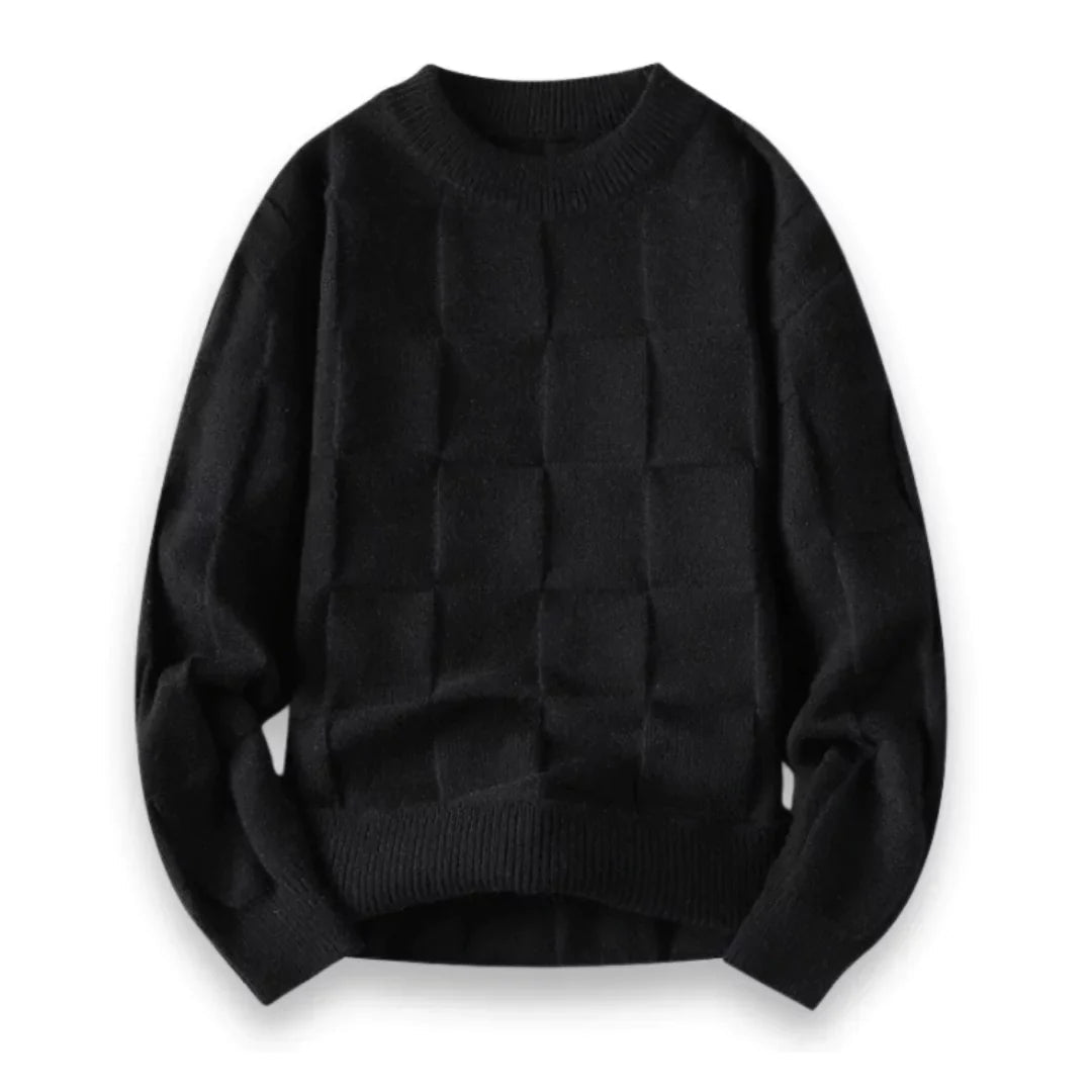 Pull en Coton pour Hommes - Col Rond, Coupe Décontractée, Tricot en Damier