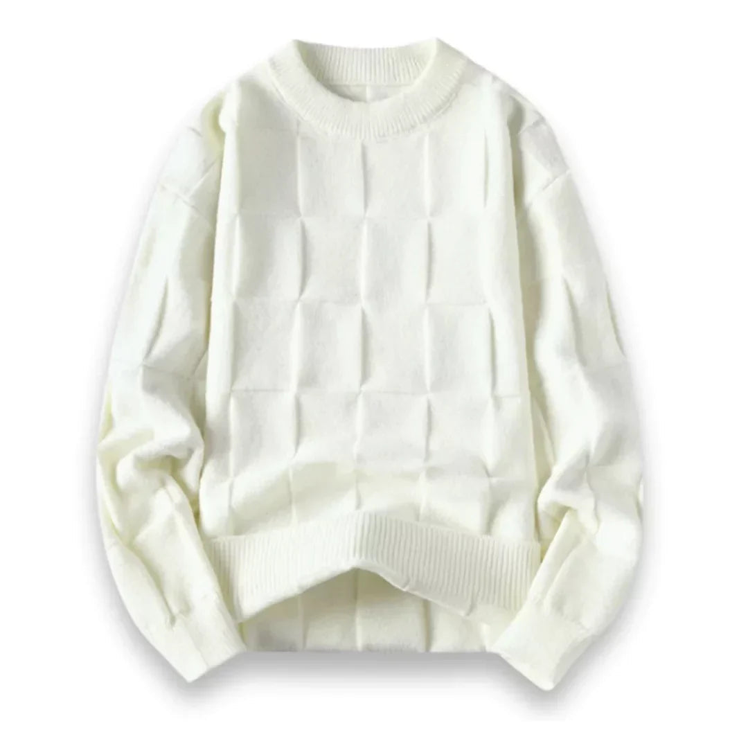 Cotton Sweater for Men - Crew Neck, Casual Fit, Checkerboard Knit