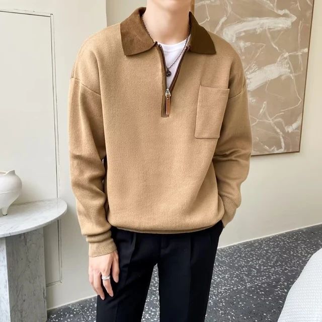 Pull léger à demi-zip pour hommes avec col inversé et poche poitrine - Tricot confortable