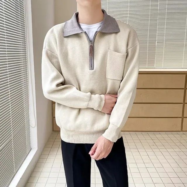 Pull léger à demi-zip pour hommes avec col inversé et poche poitrine - Tricot confortable