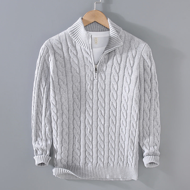 Pull léger pour hommes en coton avec col montant et demi-fermeture éclair – Idéal pour le printemps et l'automne