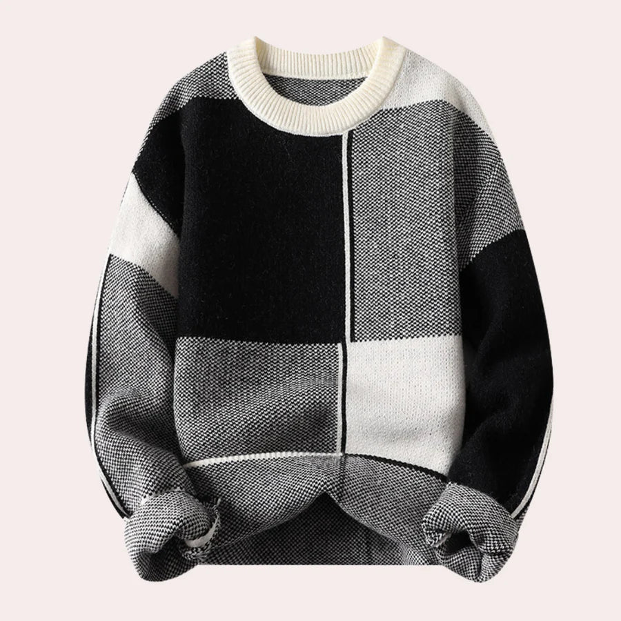 Pull pour homme à col rond en coton doux avec motif à carreaux surdimensionnés - Confortable et moderne