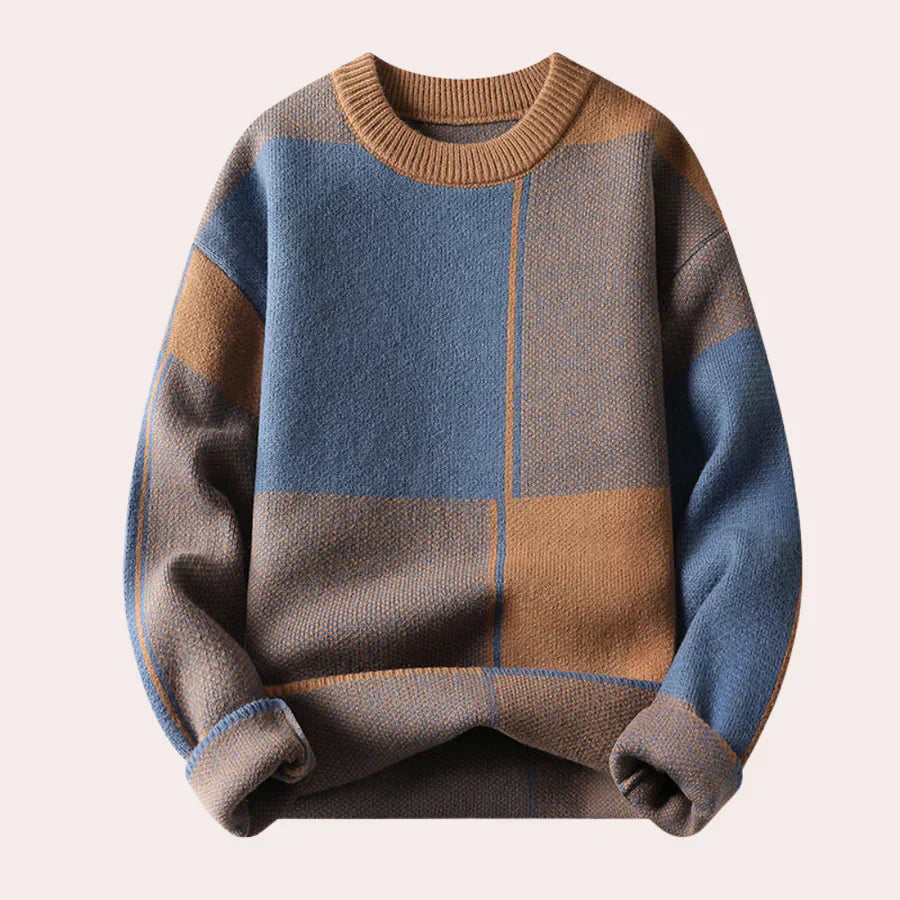Pull pour homme à col rond en coton doux avec motif à carreaux surdimensionnés - Confortable et moderne
