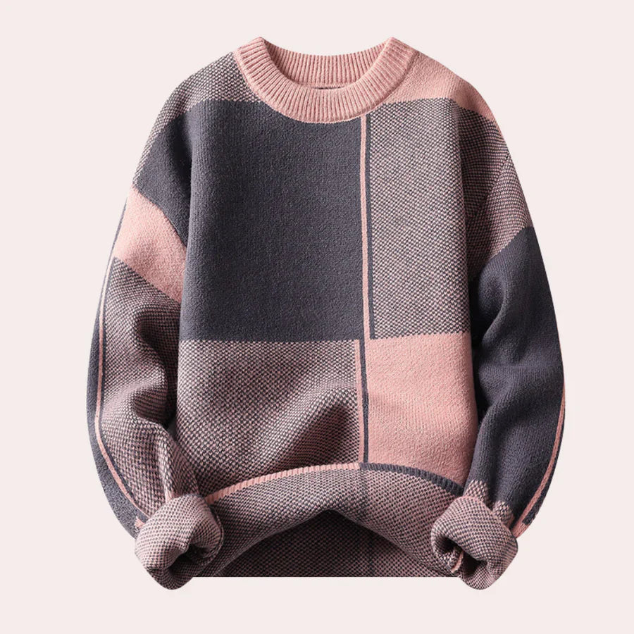Pull pour homme à col rond en coton doux avec motif à carreaux surdimensionnés - Confortable et moderne