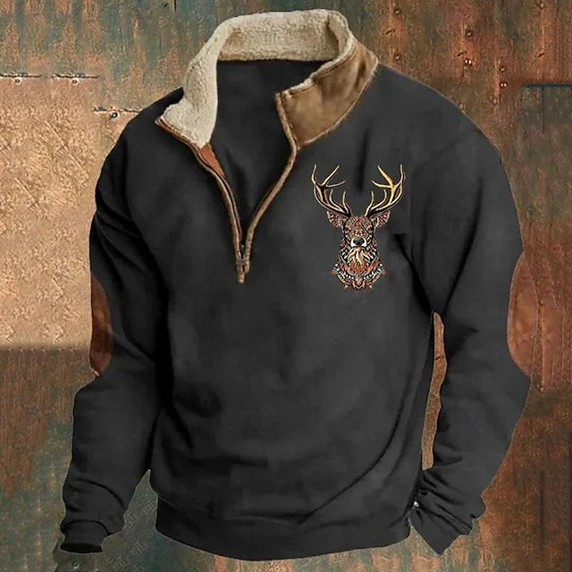 Pull pour homme à zip quart de tour avec col en sherpa – Confort et style automnal, détails brodés et tissu doux