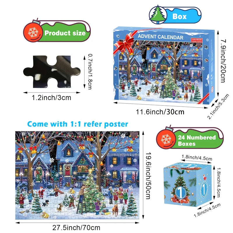 Puzzle de Noël de 1008 Pièces – Calendrier de l'Avent avec 24 Boîtes à Découvrir pour un Compte à Rebours Festif