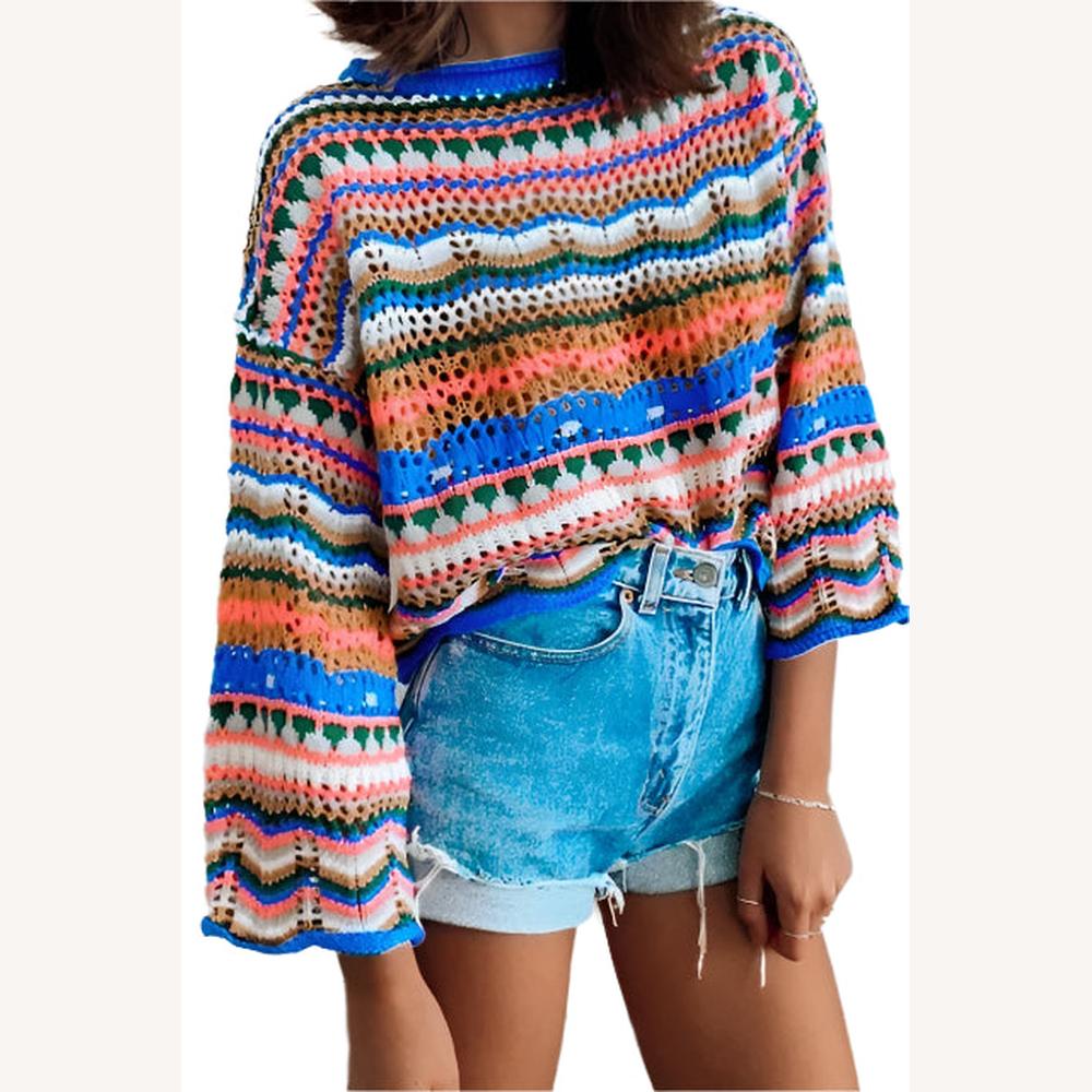 Pull Femme en Maille Coloré à Rayures Multicolores - Coupe Ample et Décontractée, Col Rond, Manches Longues