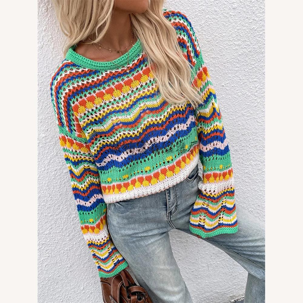 Pull Femme en Maille Coloré à Rayures Multicolores - Coupe Ample et Décontractée, Col Rond, Manches Longues