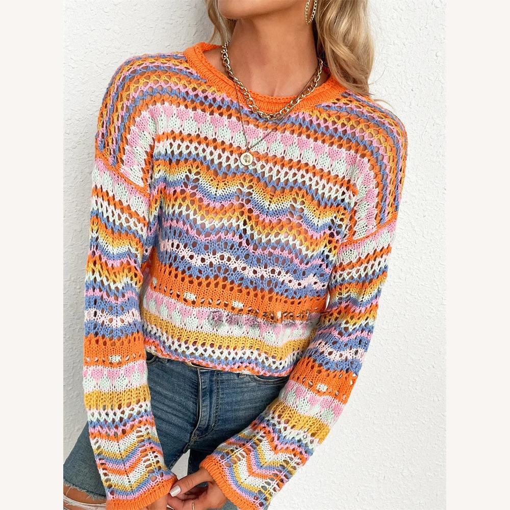 Variant image for Pull Femme en Maille Coloré à Rayures Multicolores - Coupe Ample et Décontractée, Col Rond, Manches Longues-13