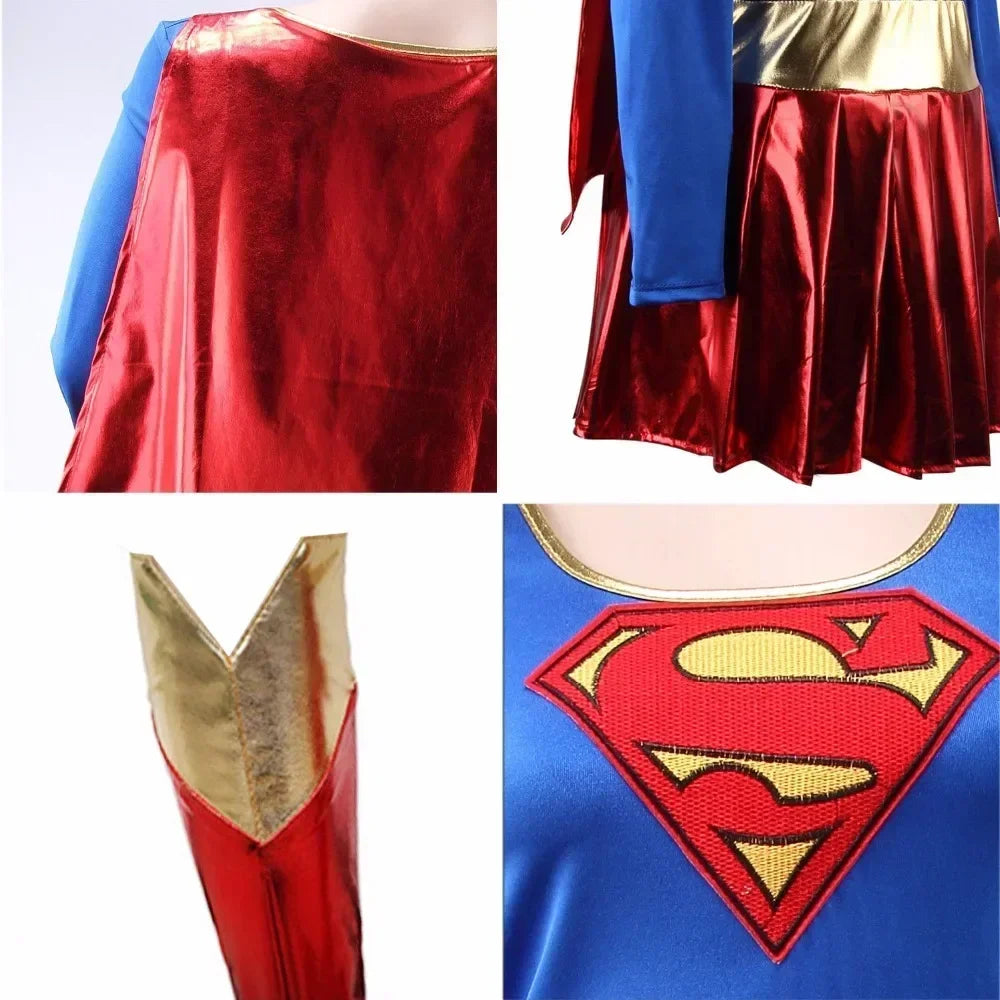 Robe de Cosplay Supergirl pour Femmes – Costume Halloween avec Jupe Plissée et Manches Longues