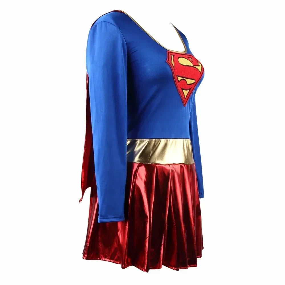 Robe de Cosplay Supergirl pour Femmes – Costume Halloween avec Jupe Plissée et Manches Longues