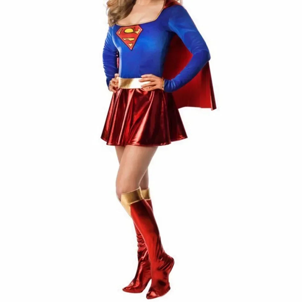 Supergirl Cosplay Dress for Women – Halloween Costume with Pleated Skirt and Long Sleeves