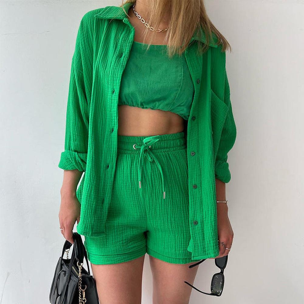 Variant image for Ensemble Décontracté Femme 3 Pièces en Coton Gaze – Chemise, Débardeur Court et Short Élastique, Style Minimaliste-6