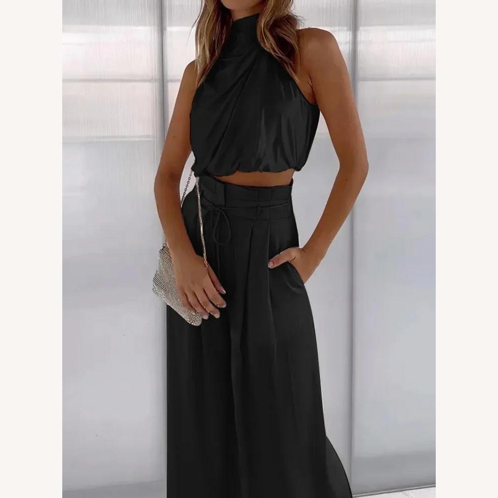 Ensemble Tailleur Femme Satiné Élégant - Haut Court et Pantalon Palazzo Beige, Chic et Confortable