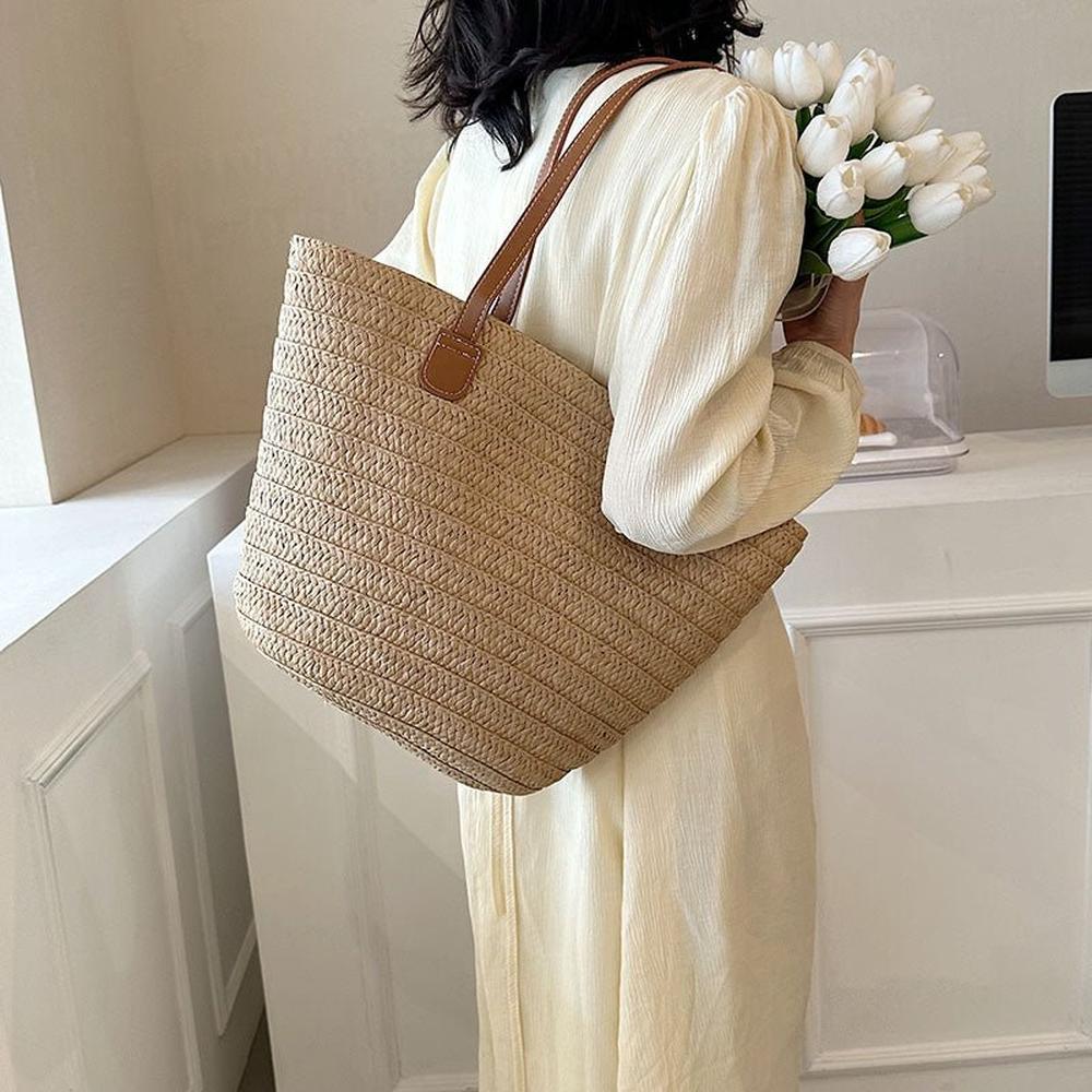 Sac de Plage Femme en Paille Tressée – Grand Panier Élégant en Beige, Vert et Kaki, Idéal pour Plage et Piscine