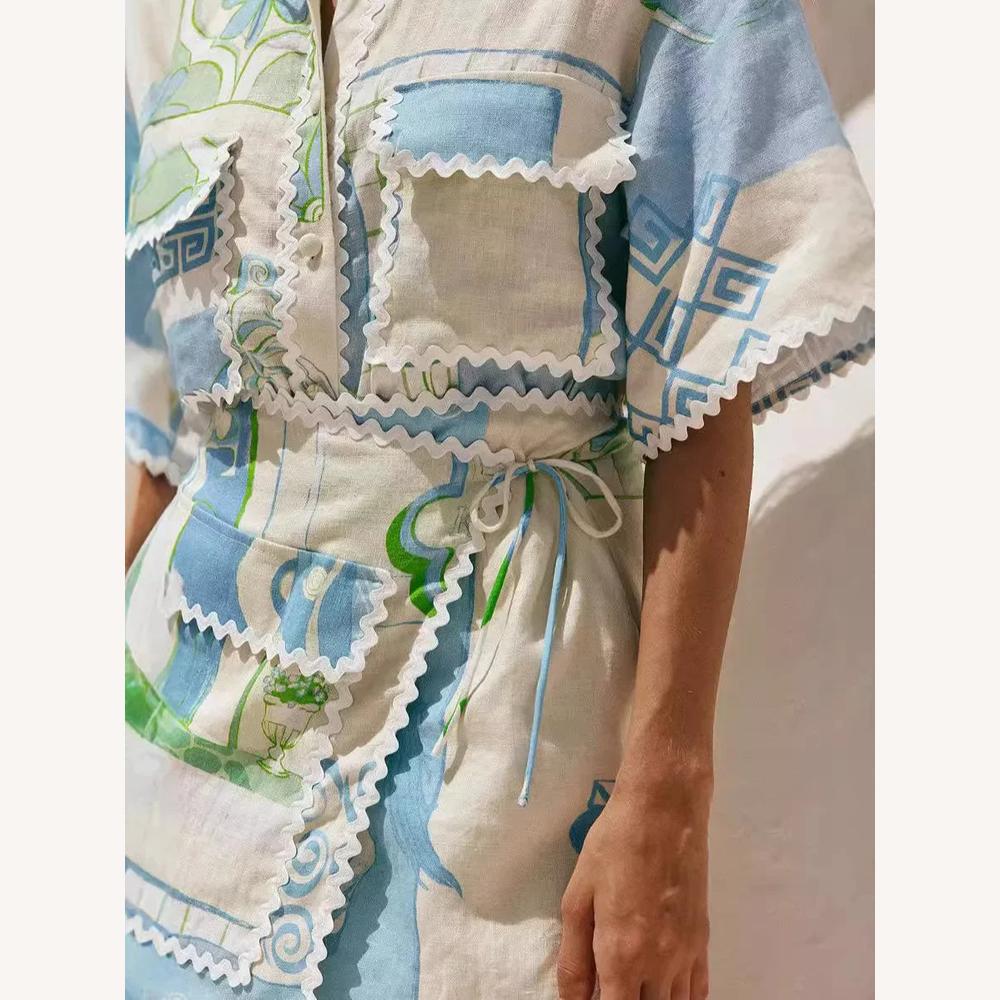 Ensemble pour Femme Été Patchwork Bohème Chic – Chemise Ample et Short Effet Portefeuille en Coton Léger