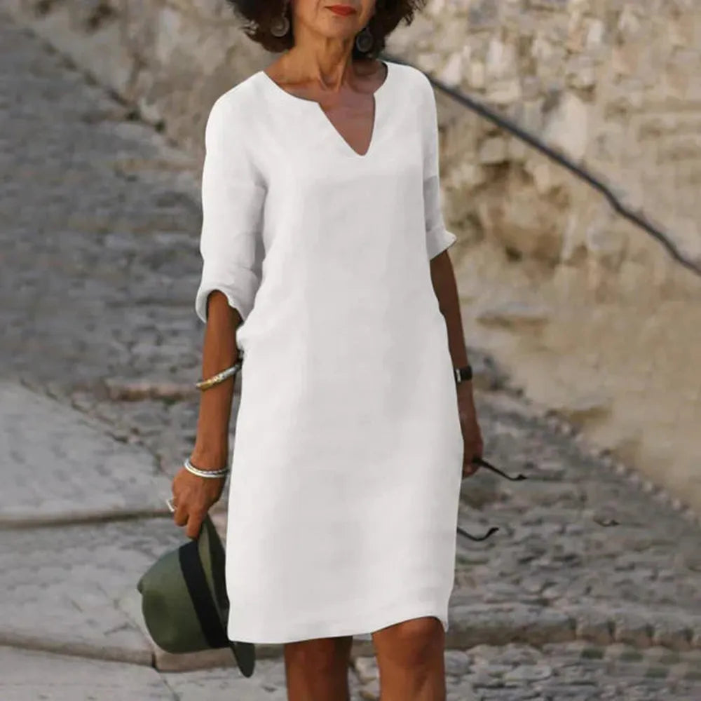 Robe Longue Femme à Manches Trois-Quarts Col en V – Chic et Confortable pour Printemps et Été