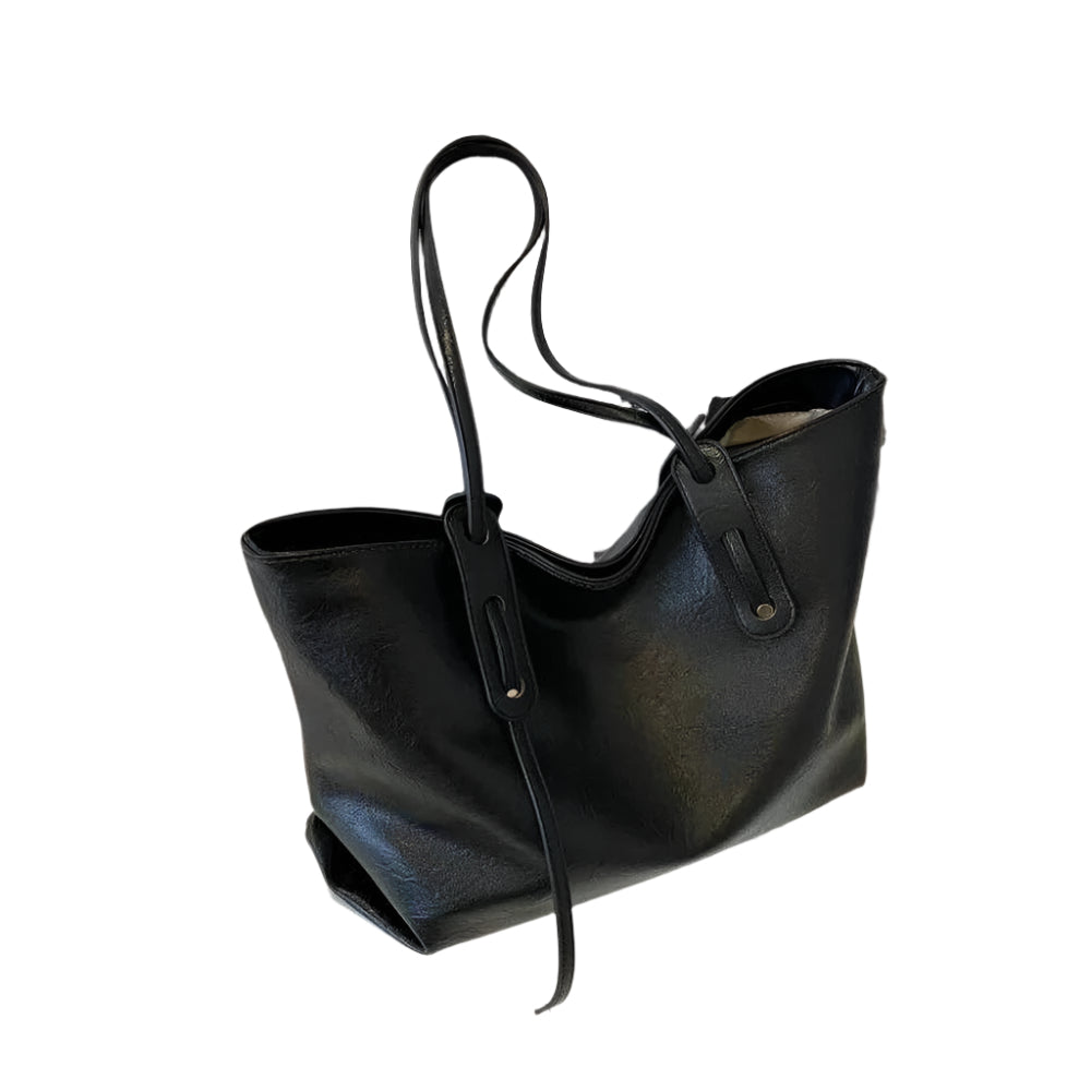 Women's black leather handbag with adjustable shoulder strap - Elegant and spacious, Solène model