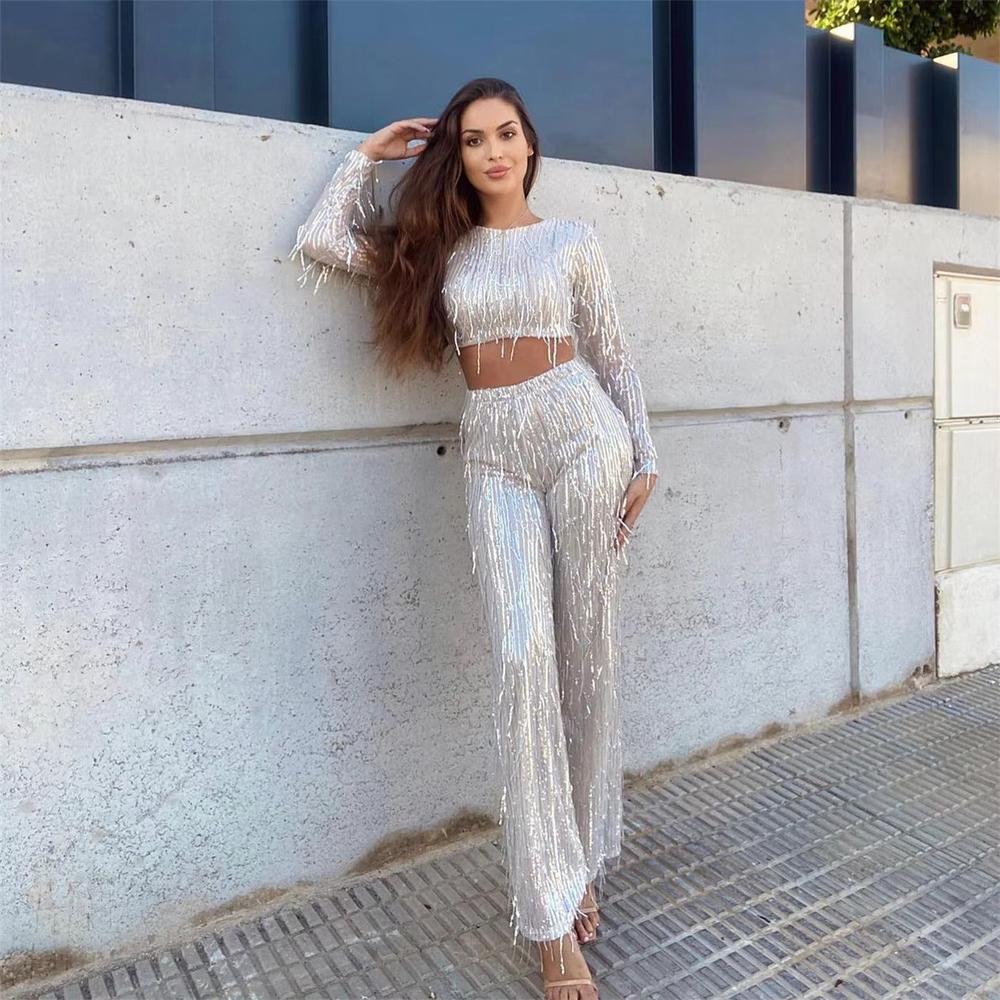 Variant image for Ensemble Tailleur Femme Argenté à Franges Pailletées – Top Court et Pantalon Taille Haute pour Soirées Chics-4