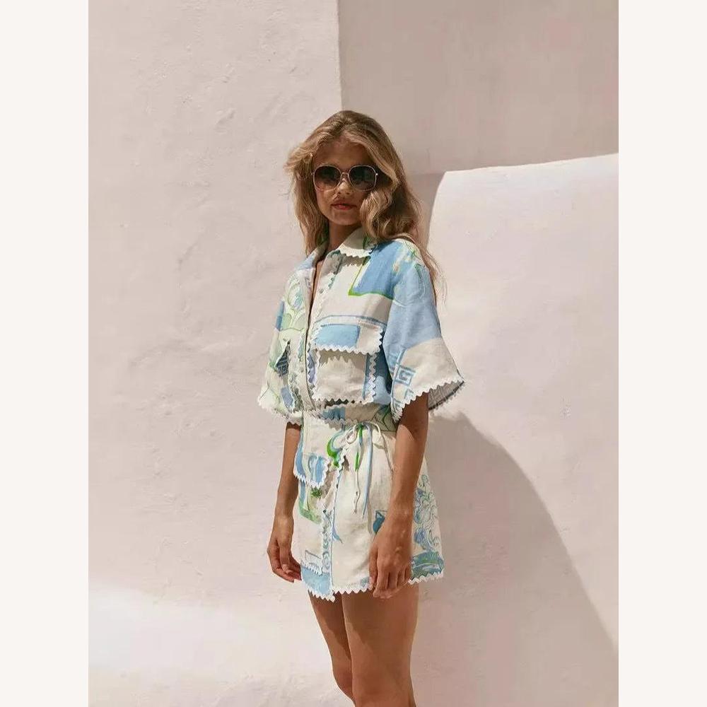 Ensemble pour Femme Été Patchwork Bohème Chic – Chemise Ample et Short Effet Portefeuille en Coton Léger